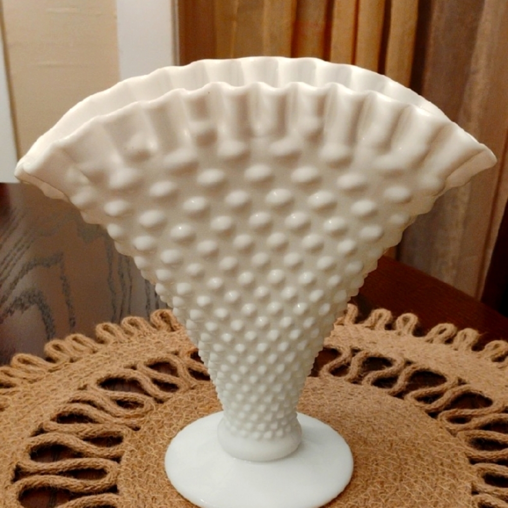 Fenton Milk Glass Hobnail Fan Vase